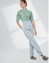 Pastel green silk blouse with puckered sleeves
