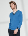 Blue V neck, cable stitch sweater