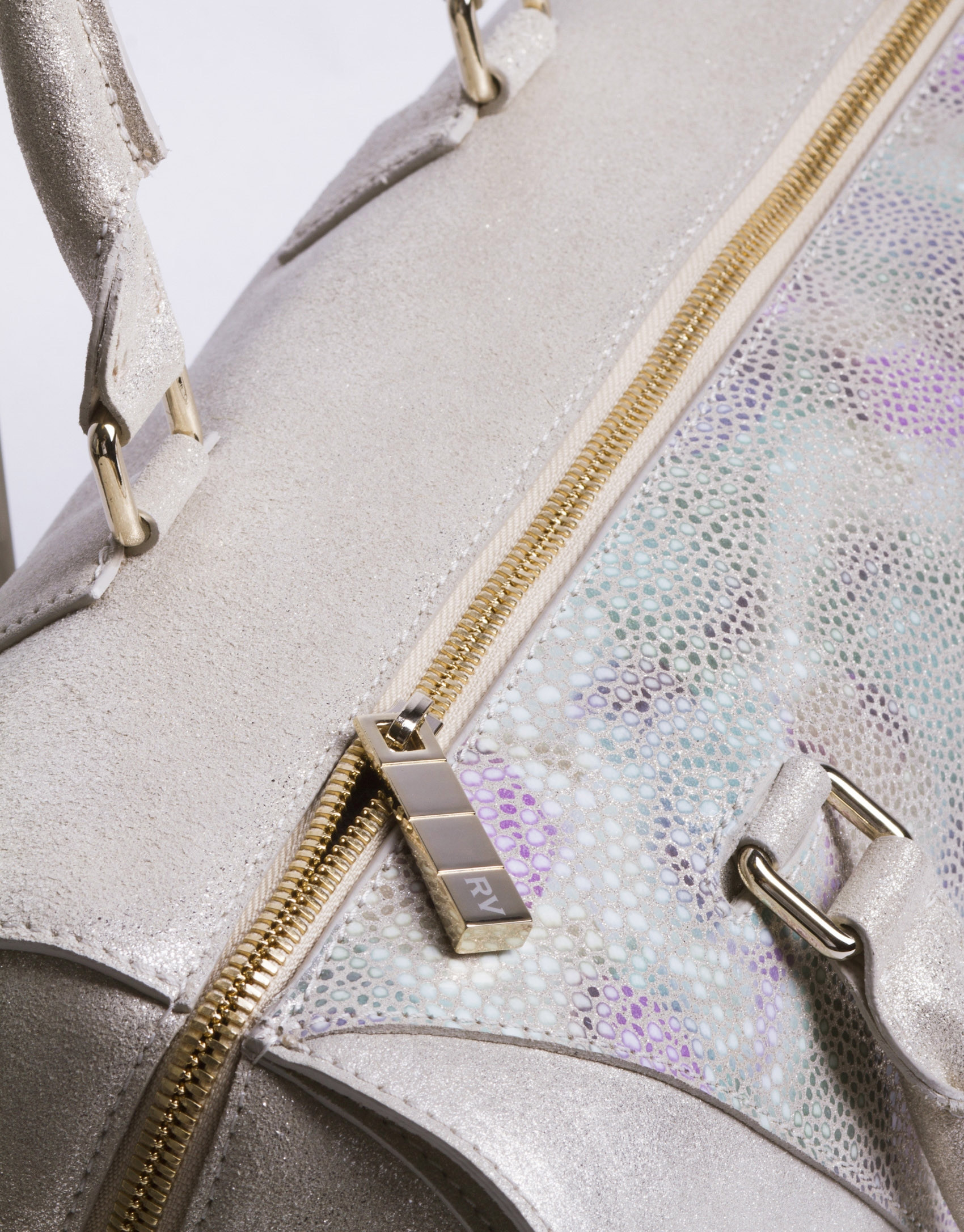 CARMEN RAYA:  Multi-colored striped fantasy leather bowling bag