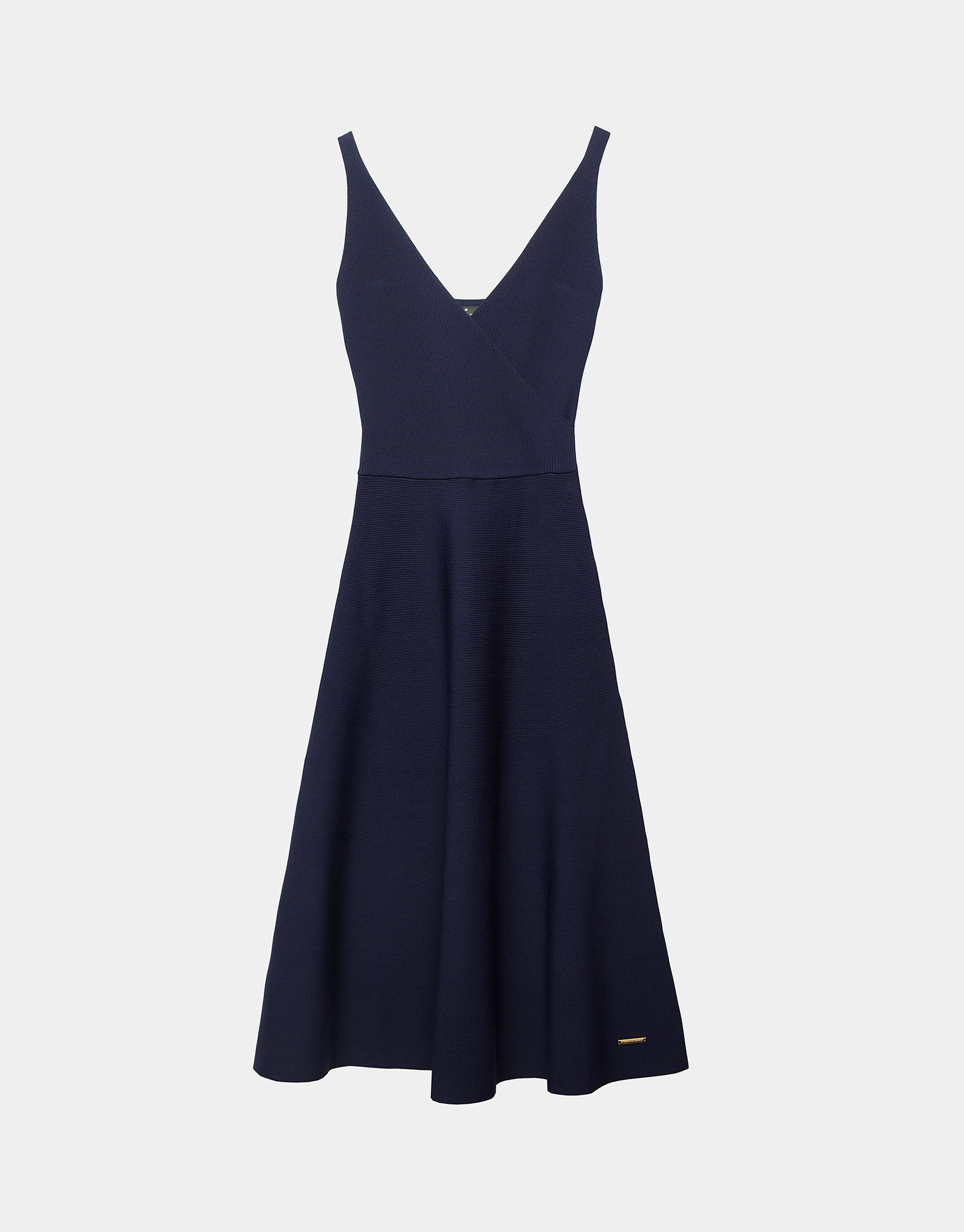 Navy blue knit dress with crossover neckline