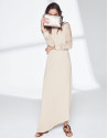 Sandy-colored dress with asymmetric hem