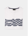 White top with navy blue striped logo