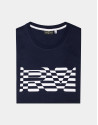 Navy blue top with white striped logo