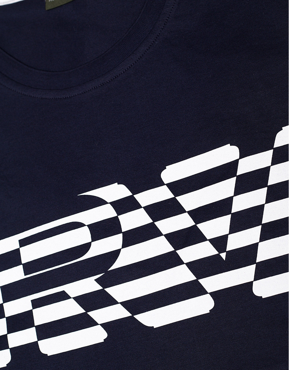 Navy blue top with white striped logo