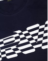 Navy blue top with white striped logo