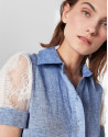 Blue linen dress with beige lace