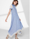 Blue linen dress with beige lace