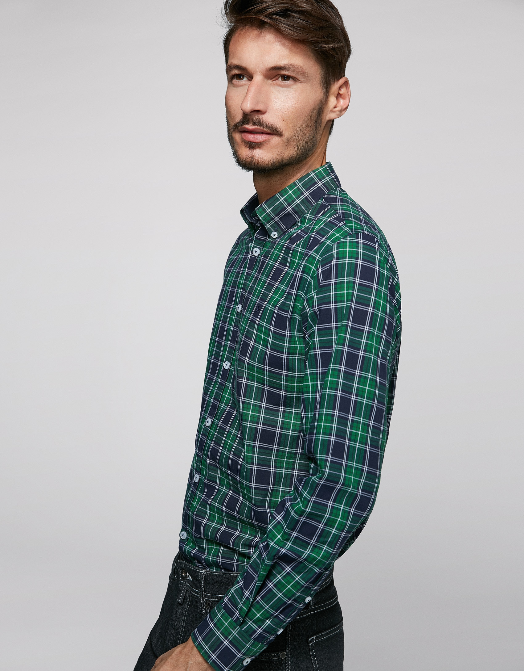 Camisa sport cuadros verde, marino y blanco