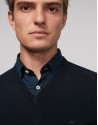 Navy blue wool sweater with V neck