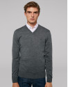 Grey melange wool sweater with V neck