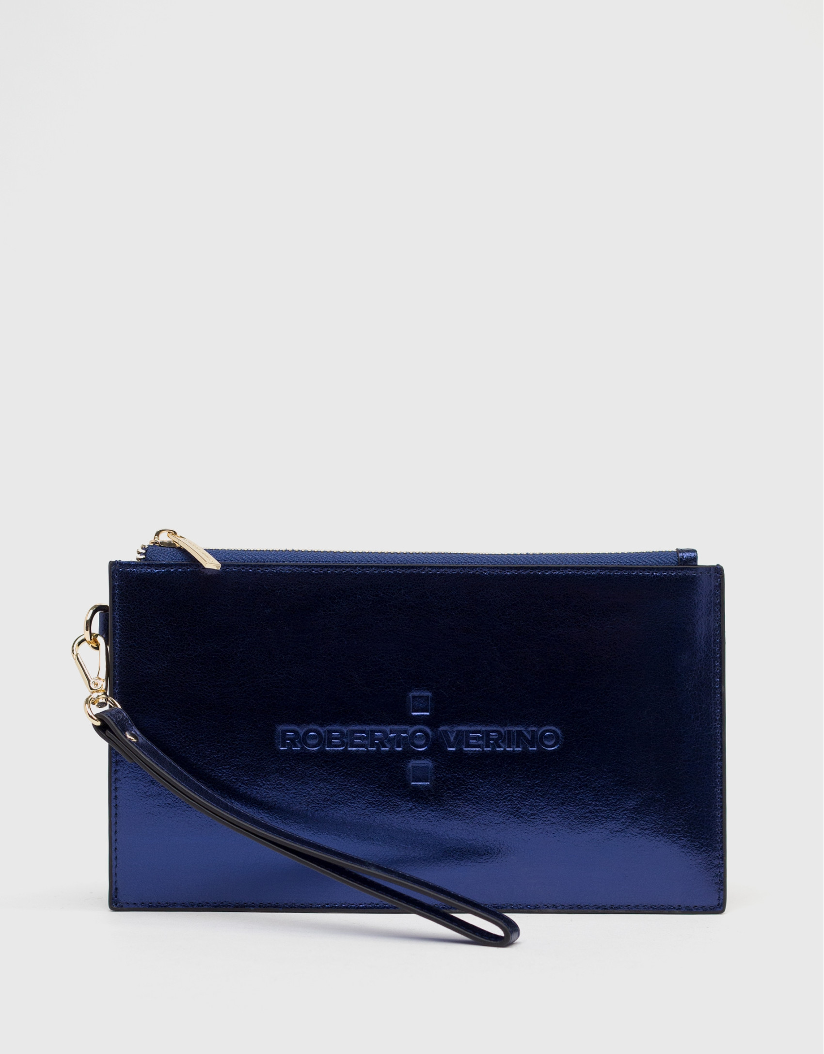 Blue metalized flat leather vanity case