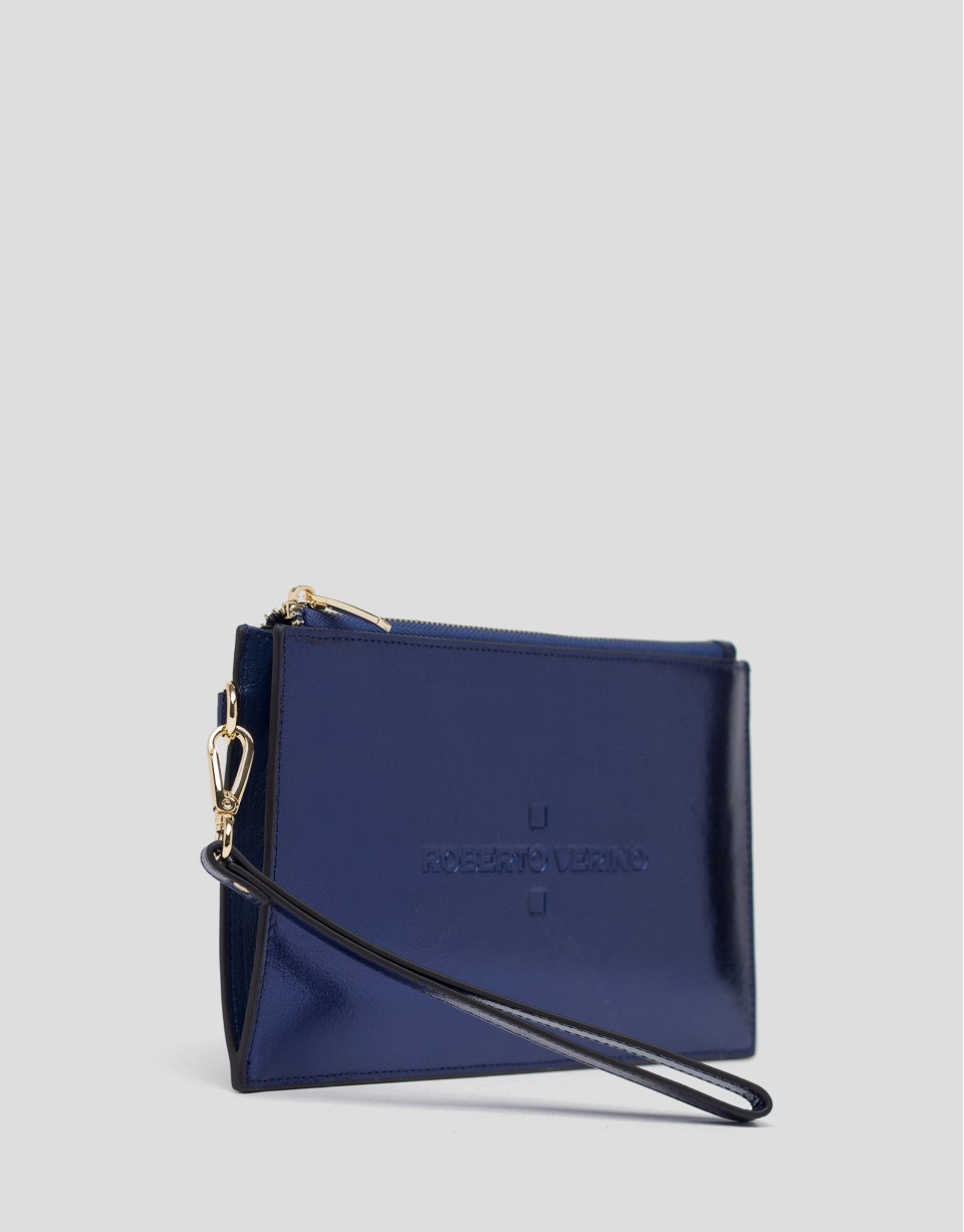 Blue metalized flat leather vanity case