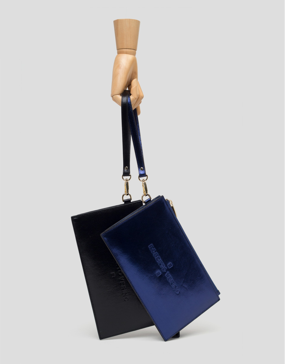 Blue metalized flat leather vanity case