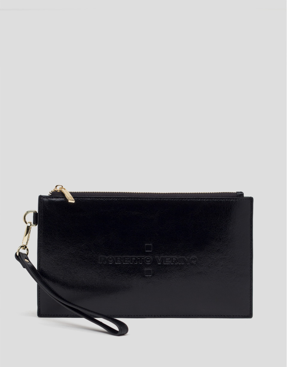 Black metalized flat leather vanity case
