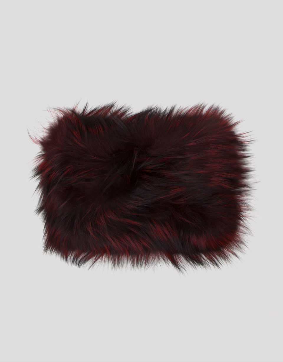 Burgundy fur tubular scarf with feathers