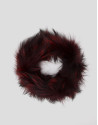 Burgundy fur tubular scarf with feathers