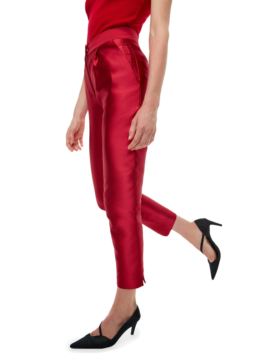Red silk ankle-length pants