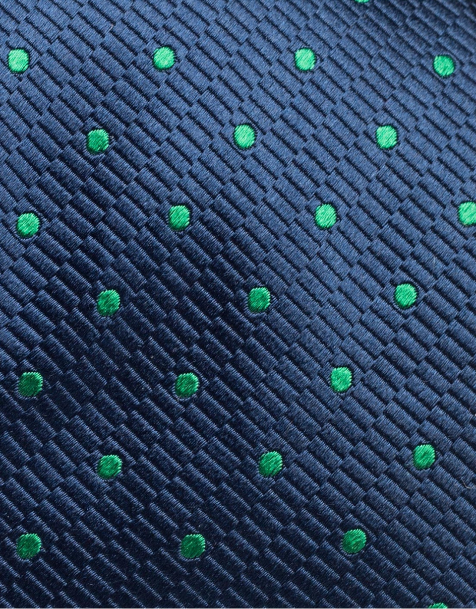 Dark blue silk tie with green polka dots