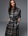 Vestido camisero cuadros marino y visón