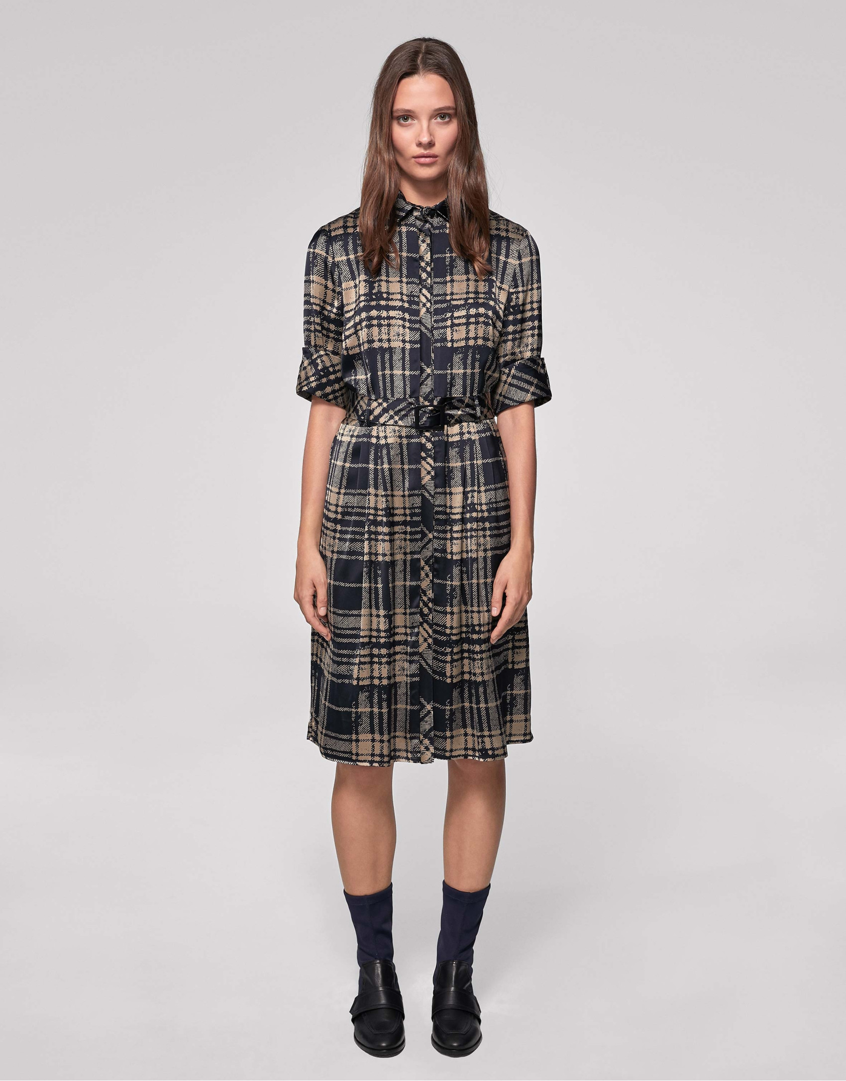 Navy blue and mink checked shirtwaist dress