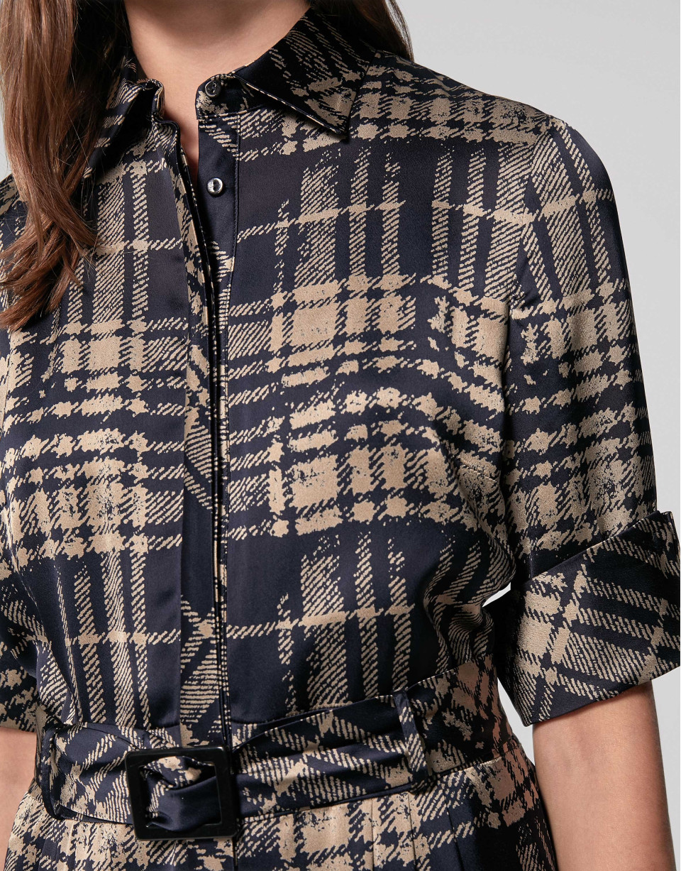 Navy blue and mink checked shirtwaist dress