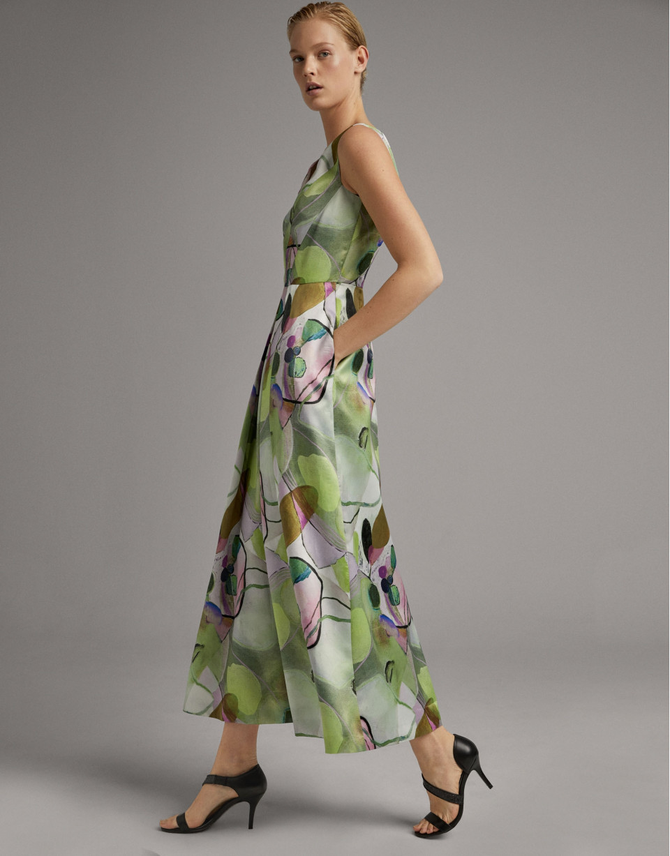 Vestido largo de fiesta estampado lila y verde