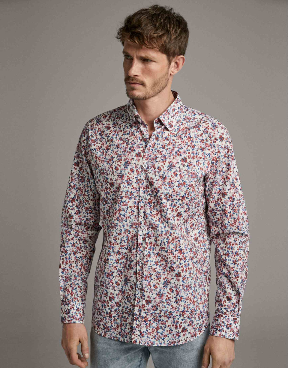Camisa sport estampado flores acuarela rojo oscuro/azul