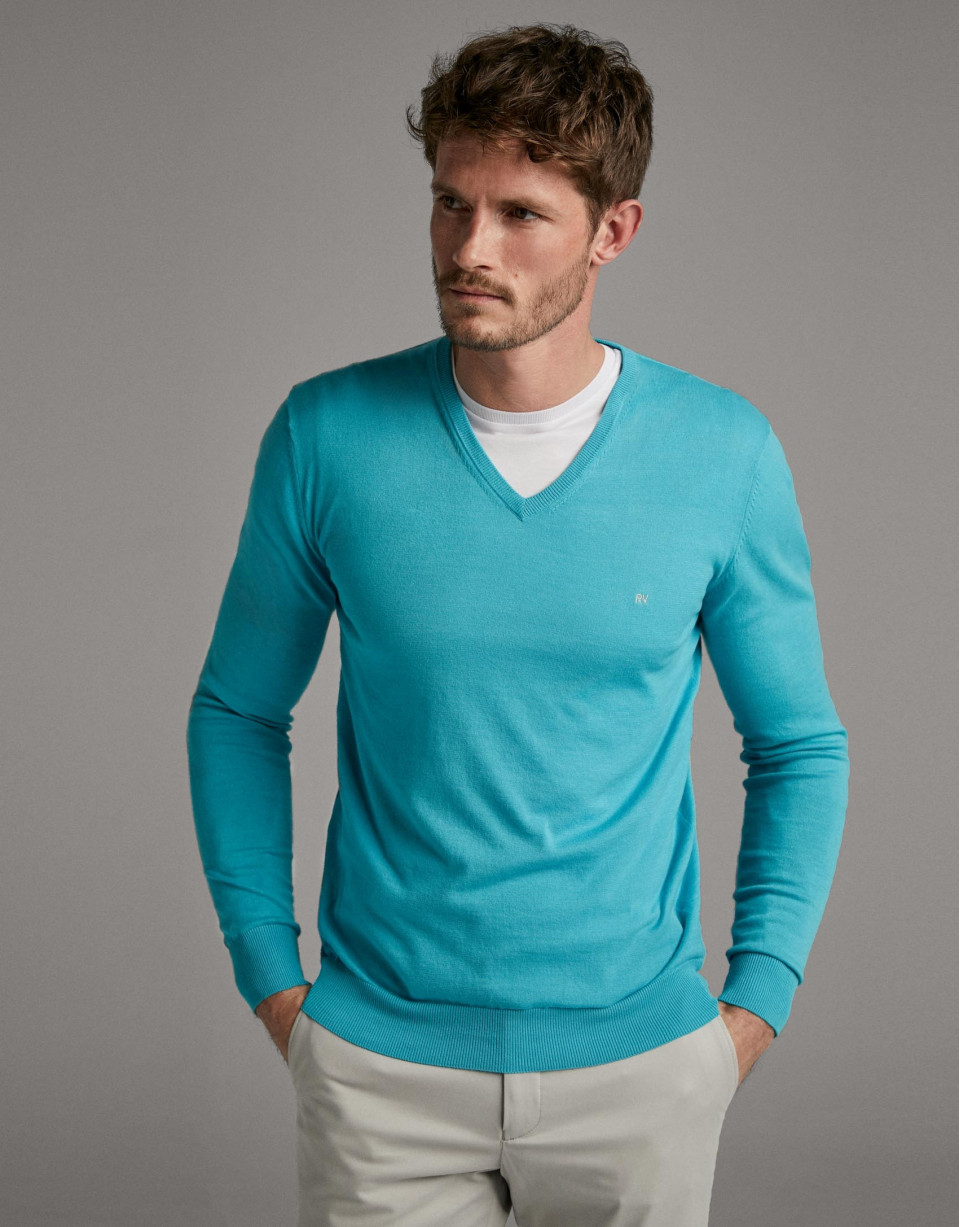 Jersey cuello pico aguamarina - Hombre - PV2020 | Roberto Verino