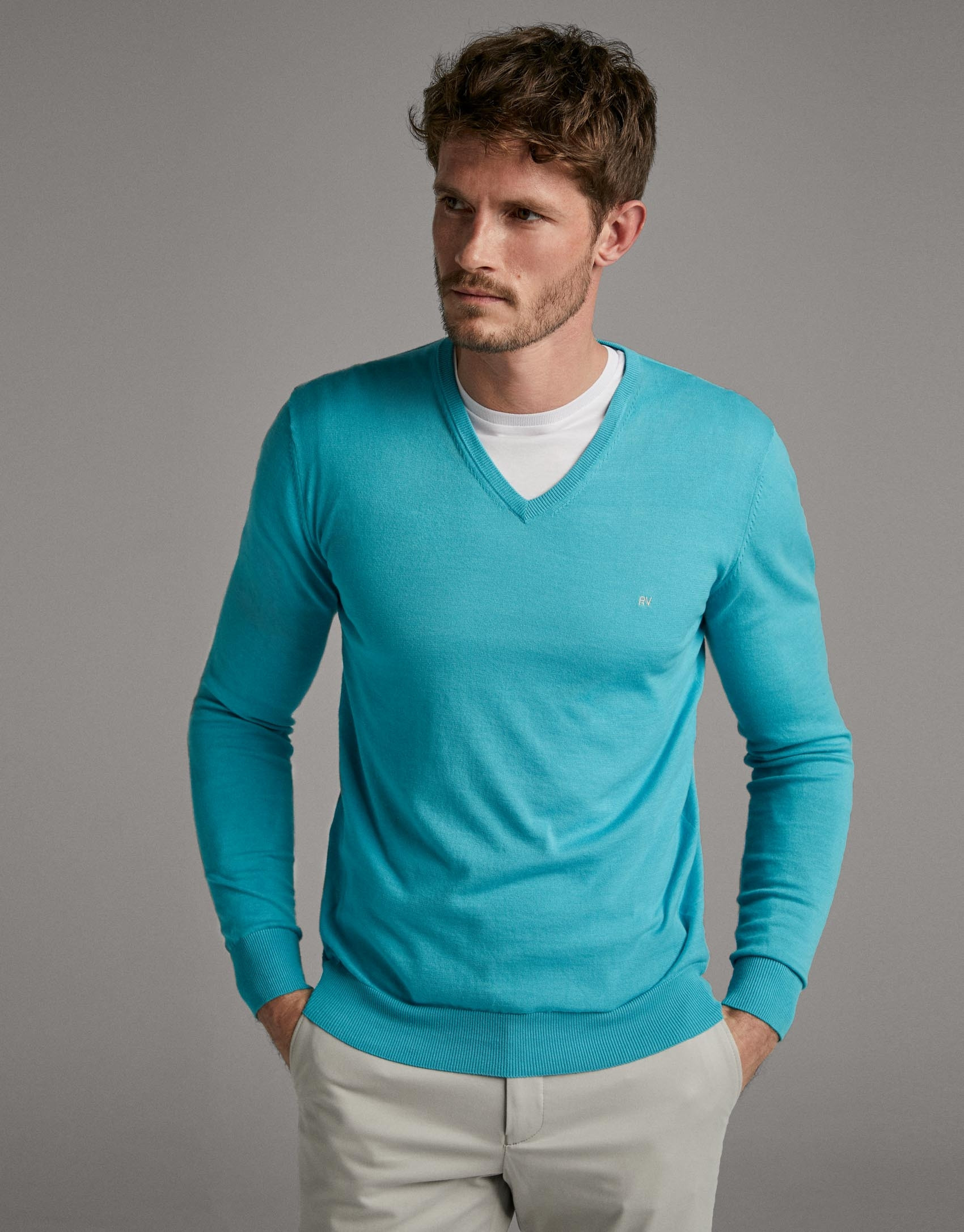 Jersey cuello pico aguamarina - Hombre - PV2020 | Roberto Verino