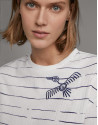 Blue striped top with embroidered bird