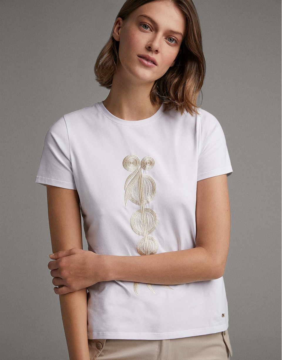 White top with beige ethnic embroidery - Woman | Roberto Verino