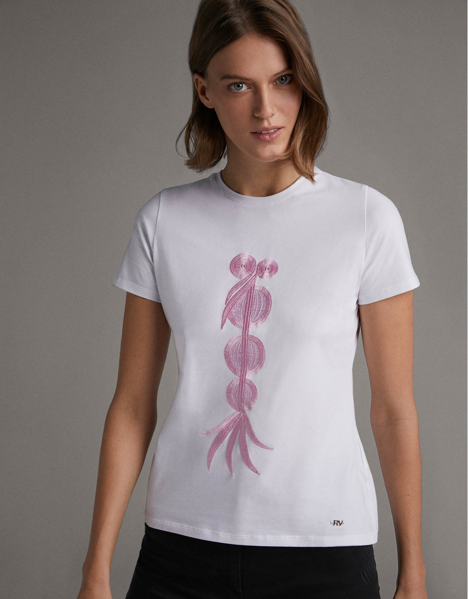 White top with pink ethnic embroidery - Woman | Roberto Verino
