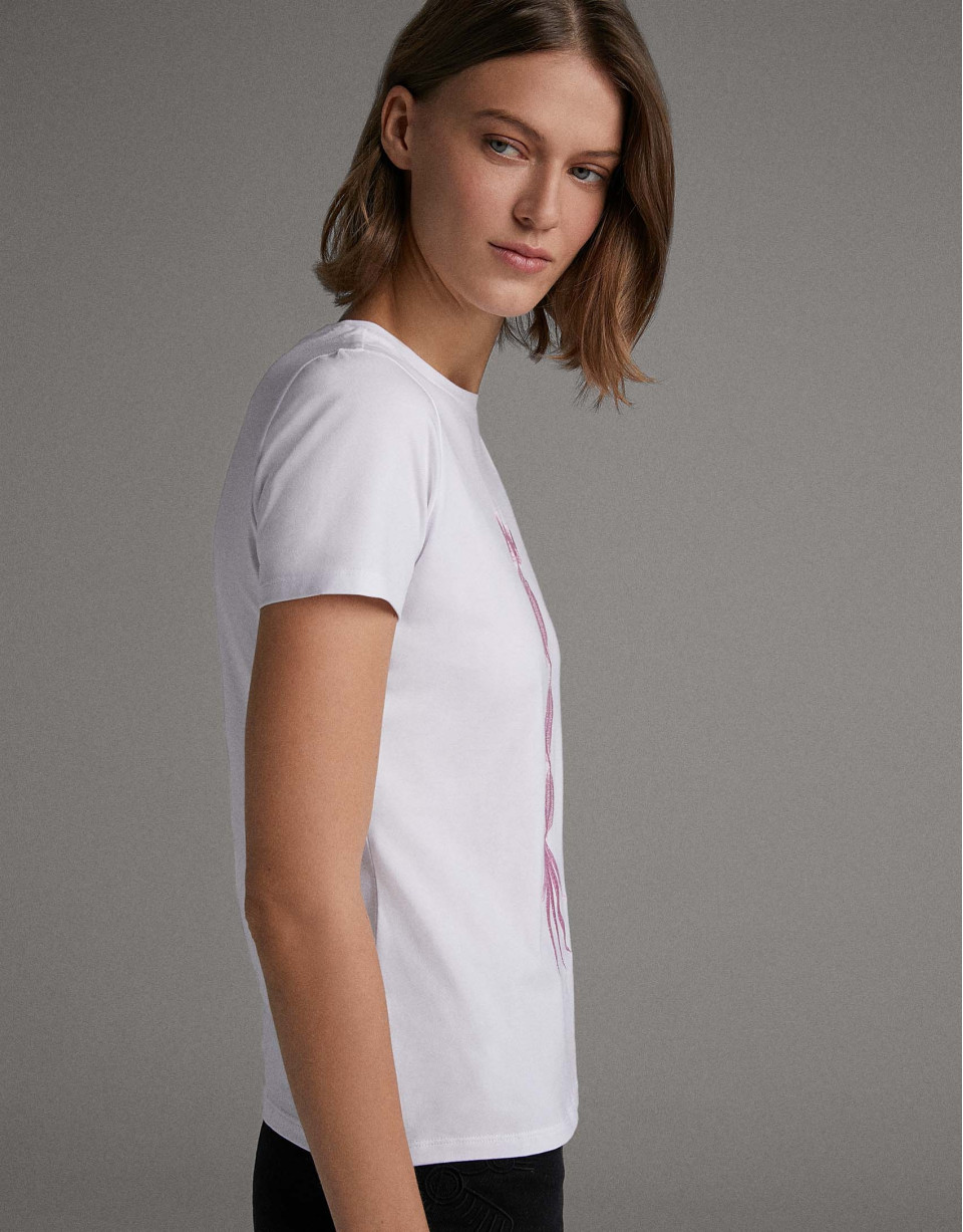 Camiseta blanca con bordado étnico rosa - Mujer | Roberto Verino