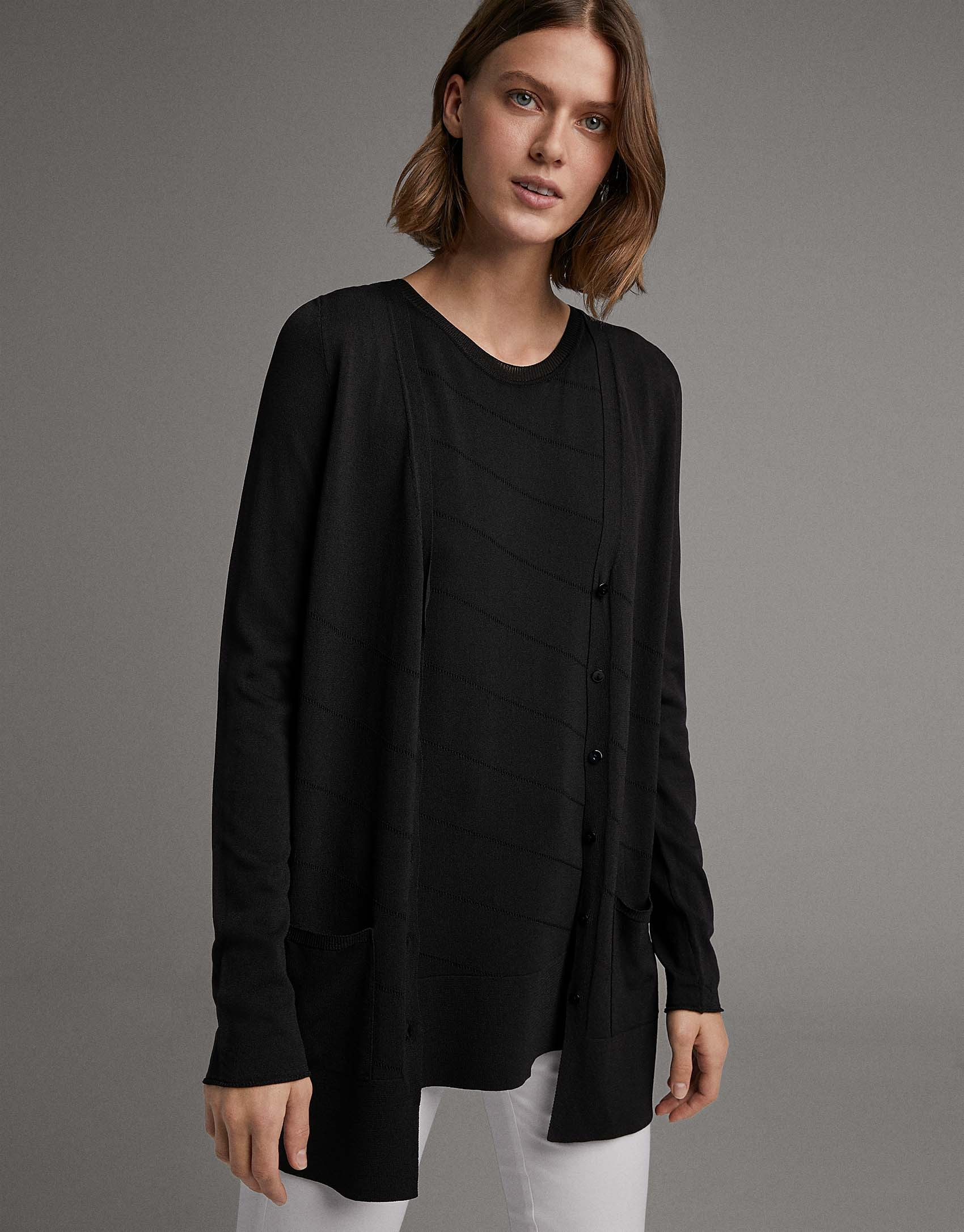 Chaqueta larga de punto fantasía negro - Mujer | Roberto Verino