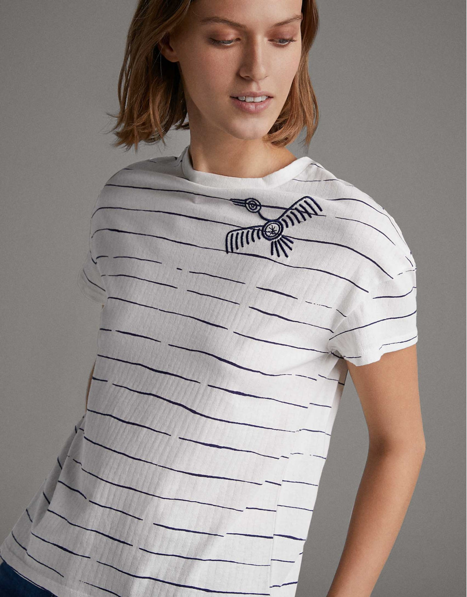 Camiseta rayas azul con pájaro bordado - Mujer | Roberto Verino