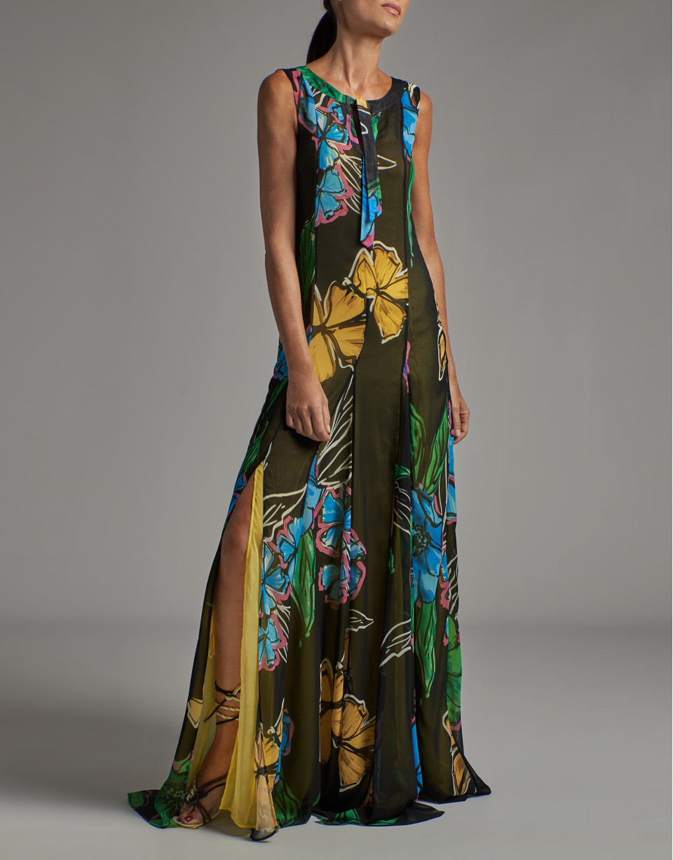 Vestido largo fluido sin mangas estampado floral