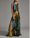 Long sleeveless flowing dress with floral print
