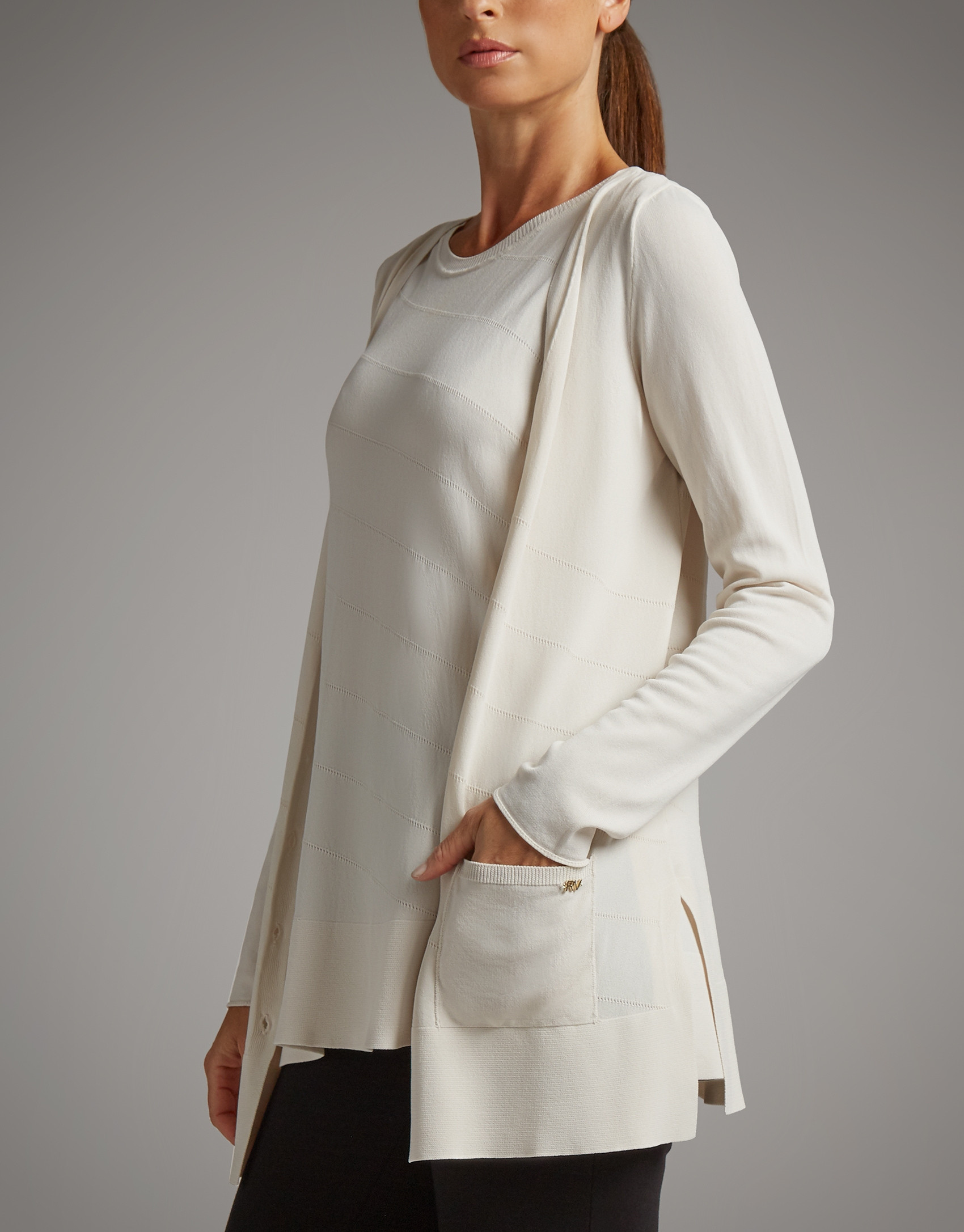 Chaqueta larga de punto fantasía beige