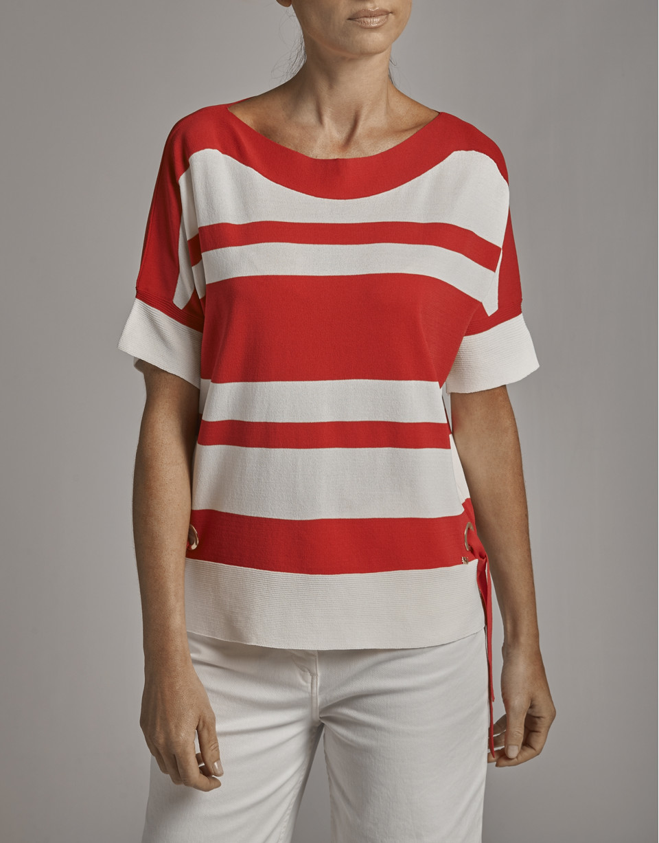 Red and beige striped oversize sweater with bat sleeves