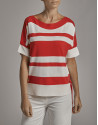 Red and beige striped oversize sweater with bat sleeves
