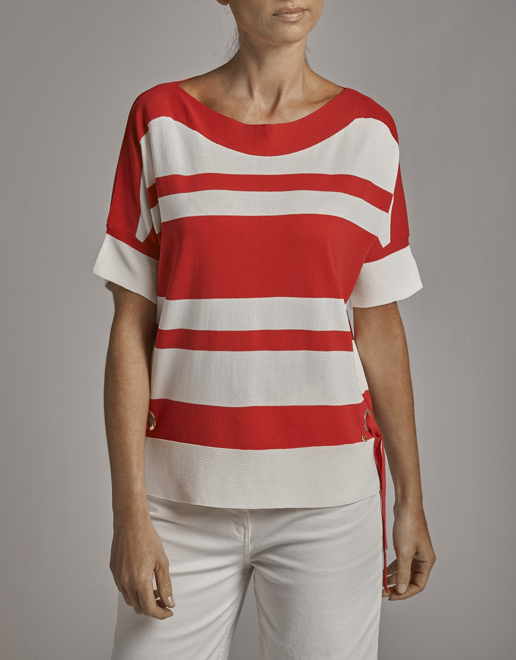 Red and beige striped oversize sweater with bat sleeves