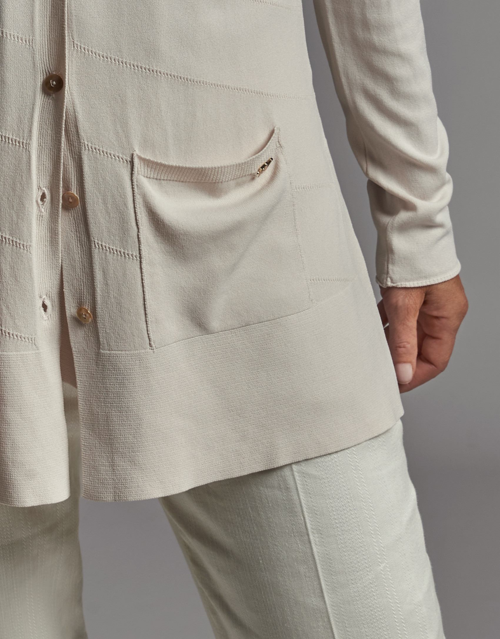Beige knit jacket with RV jacquard - Woman | Roberto Verino