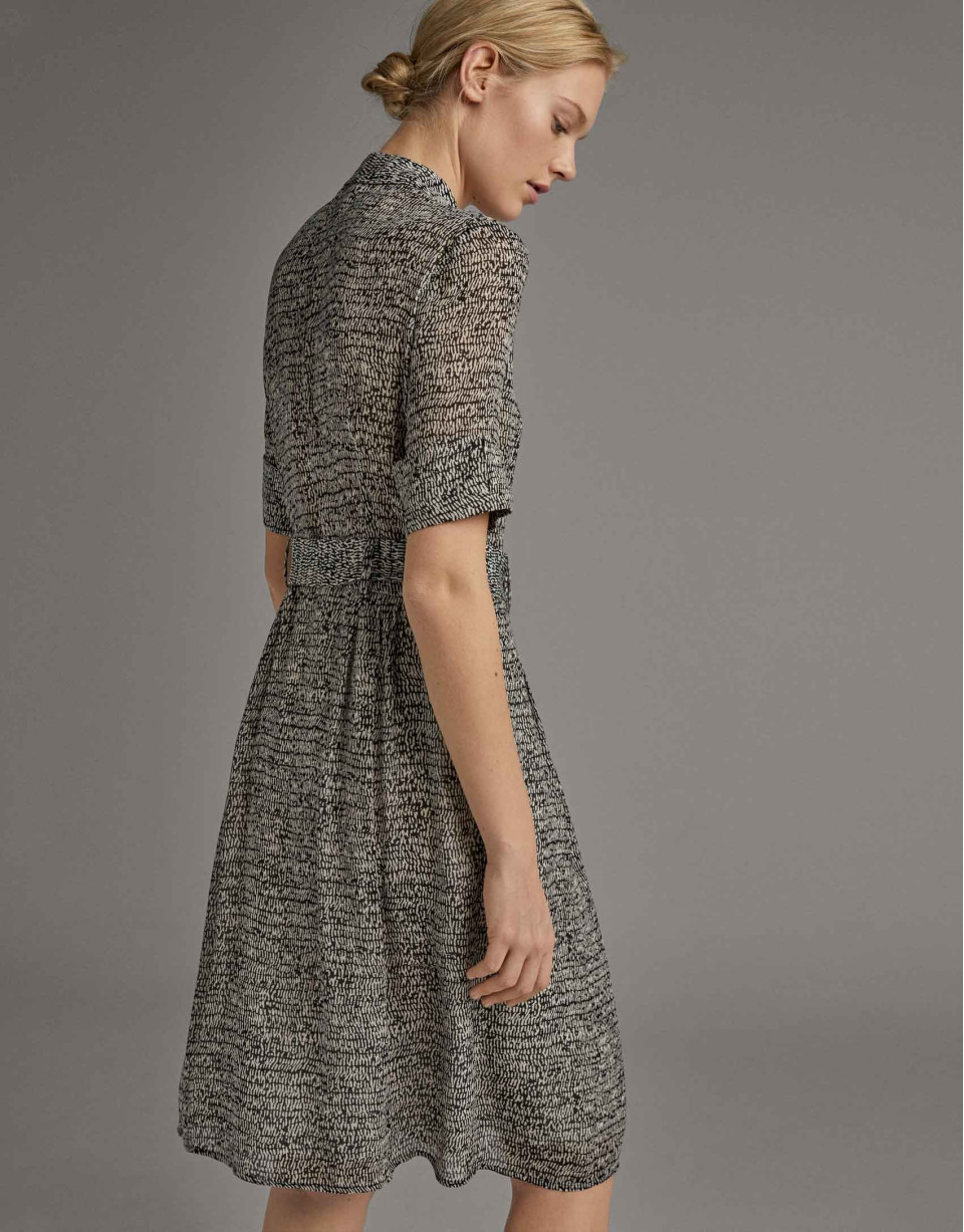 Black and white print flowing shirtwaist dress