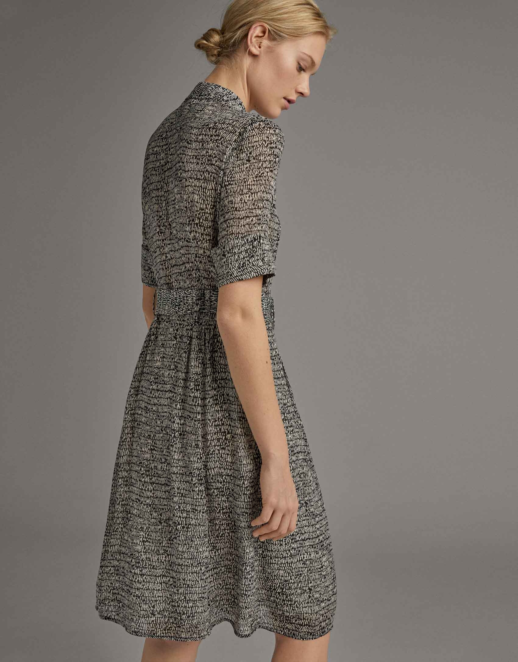 Black and white print flowing shirtwaist dress