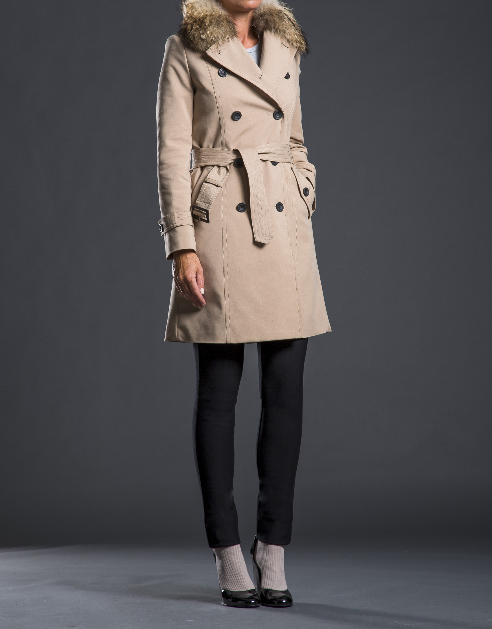 Beige raccoon fur raincoat