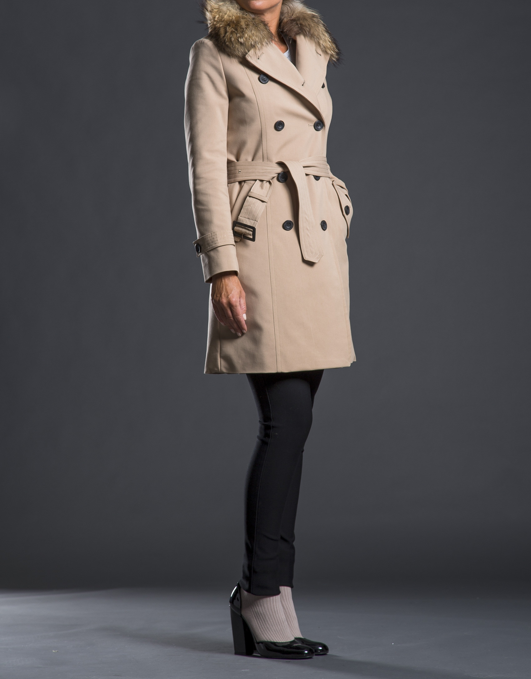 Beige raccoon fur raincoat