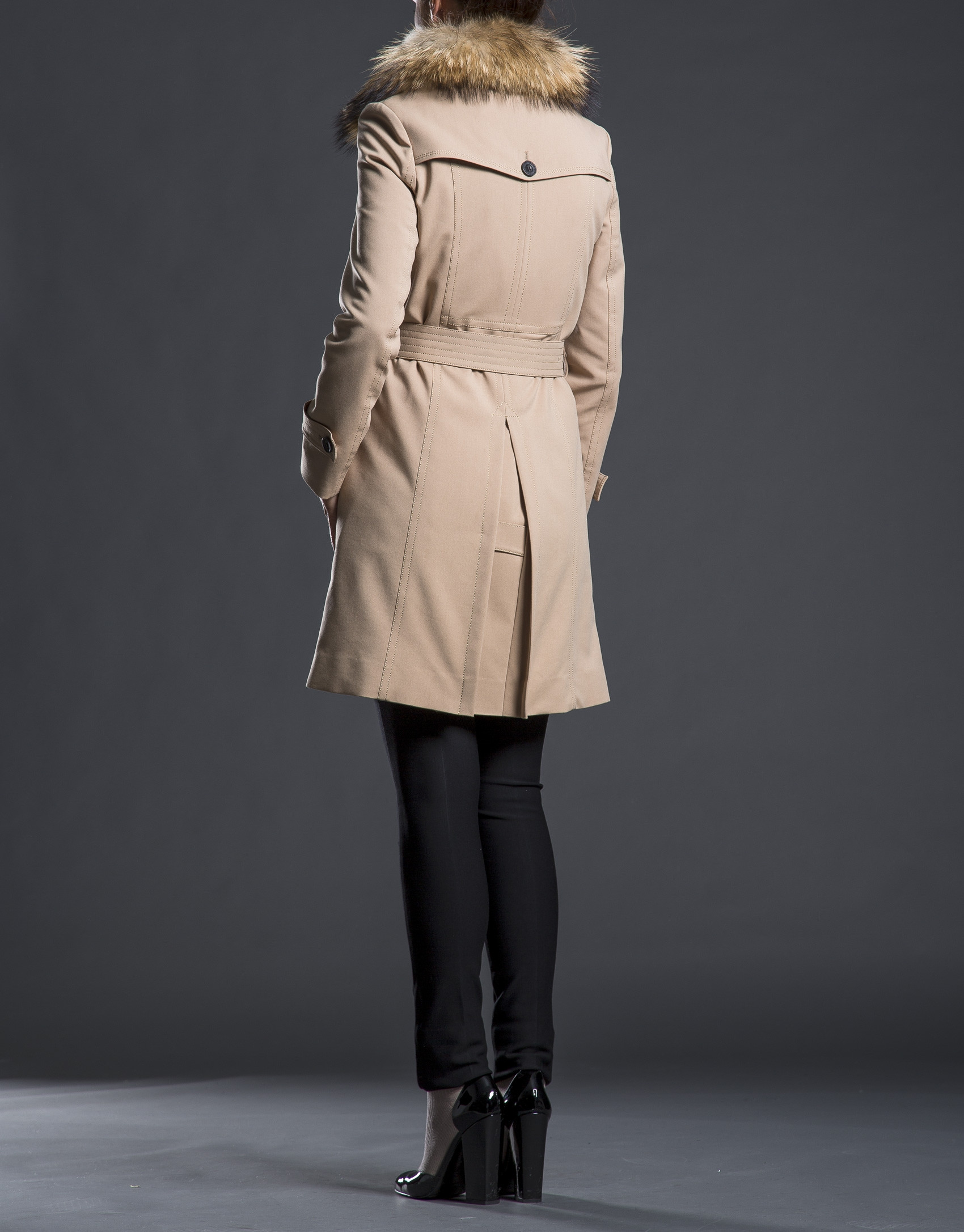 Beige raccoon fur raincoat