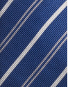 Navy blue silk tie with silver and gray striped design