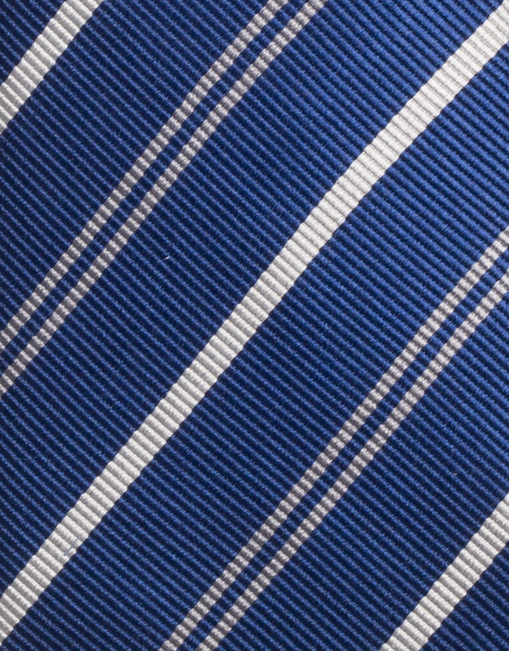 Navy blue silk tie with silver and gray striped design