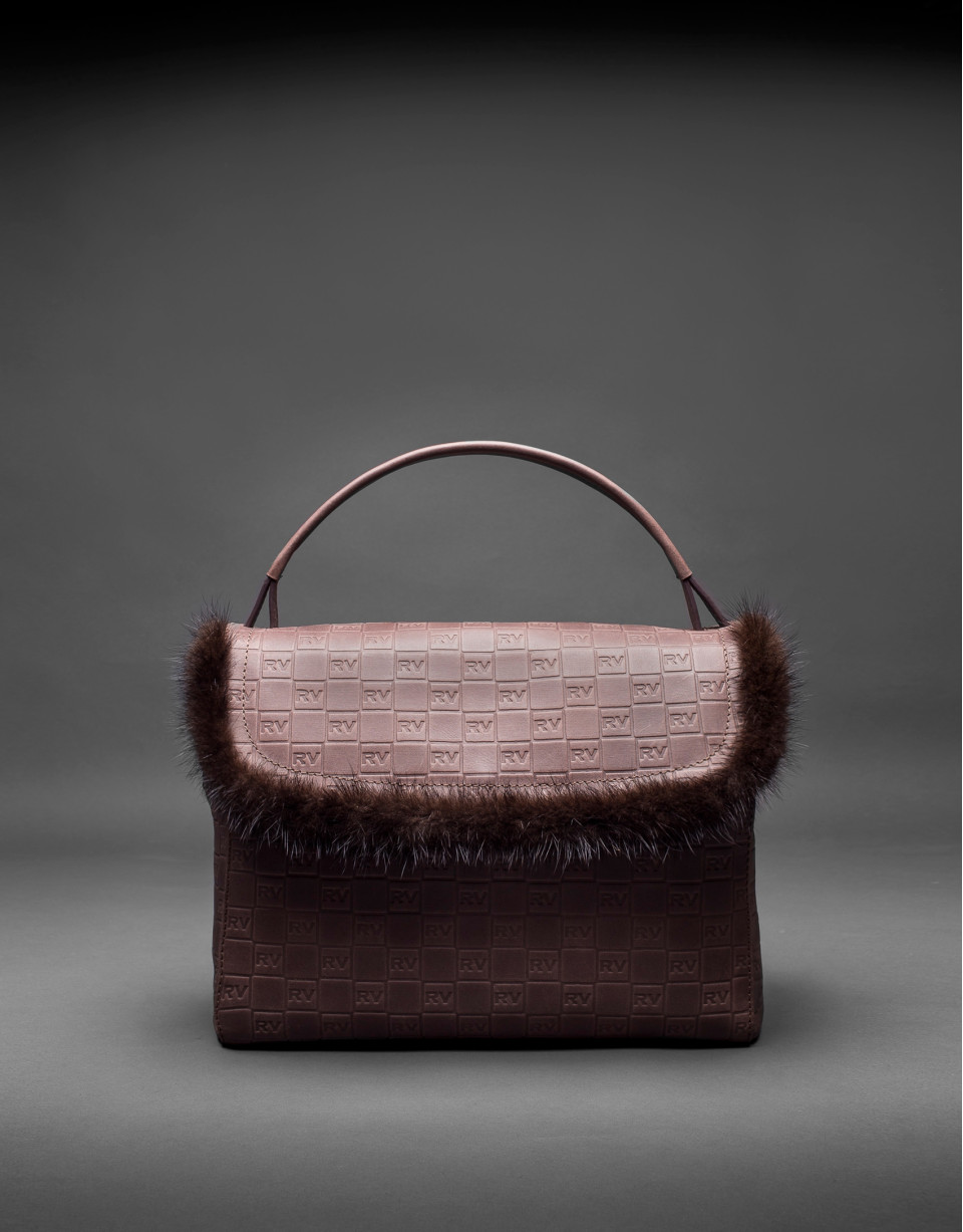 Bolso Vivian Grabado RV en piel marrón y vivo en pelo de visón